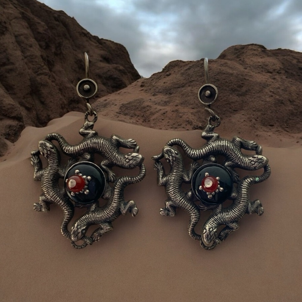 Very unique, signed artisan, earrings, featuring geckos, salamanders or lizards